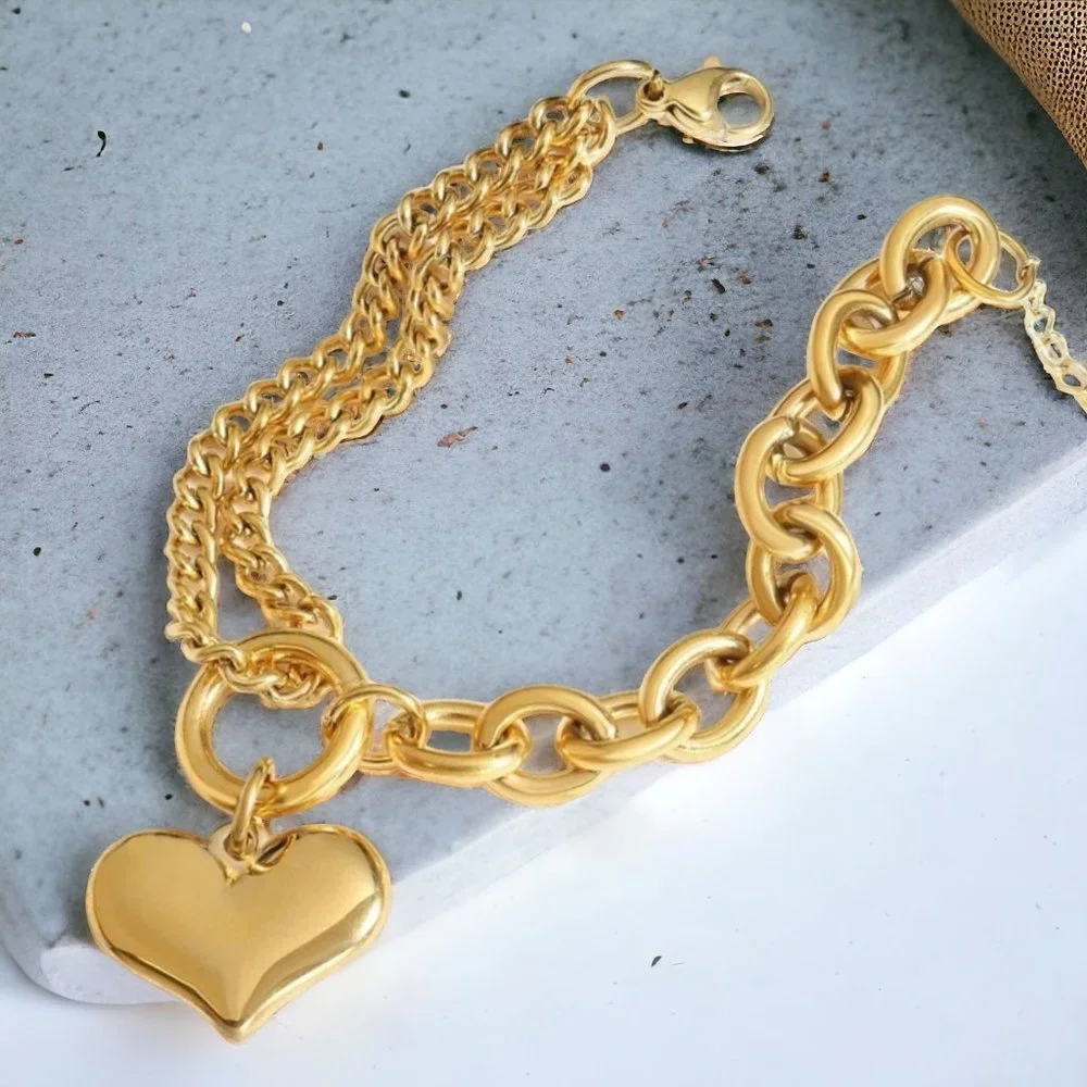 🆕️ 18K Gold Plated Stainless Steel Double-Layered Bracelet With Heart💖 Pendant - Picture 3 of 5